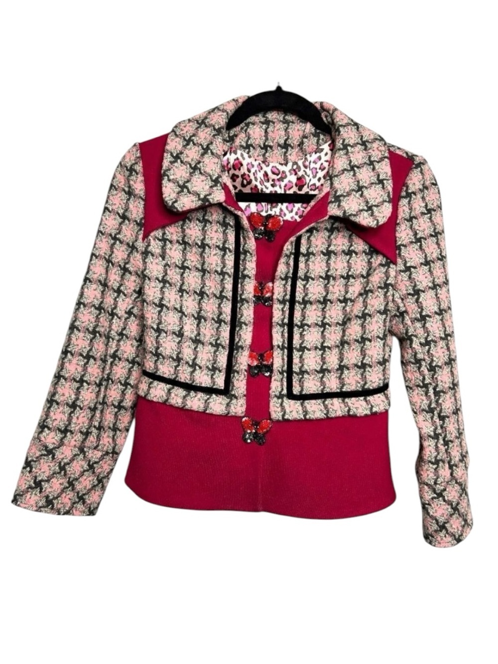 Vintage Wool Blazer Pink Cream Black Leopard